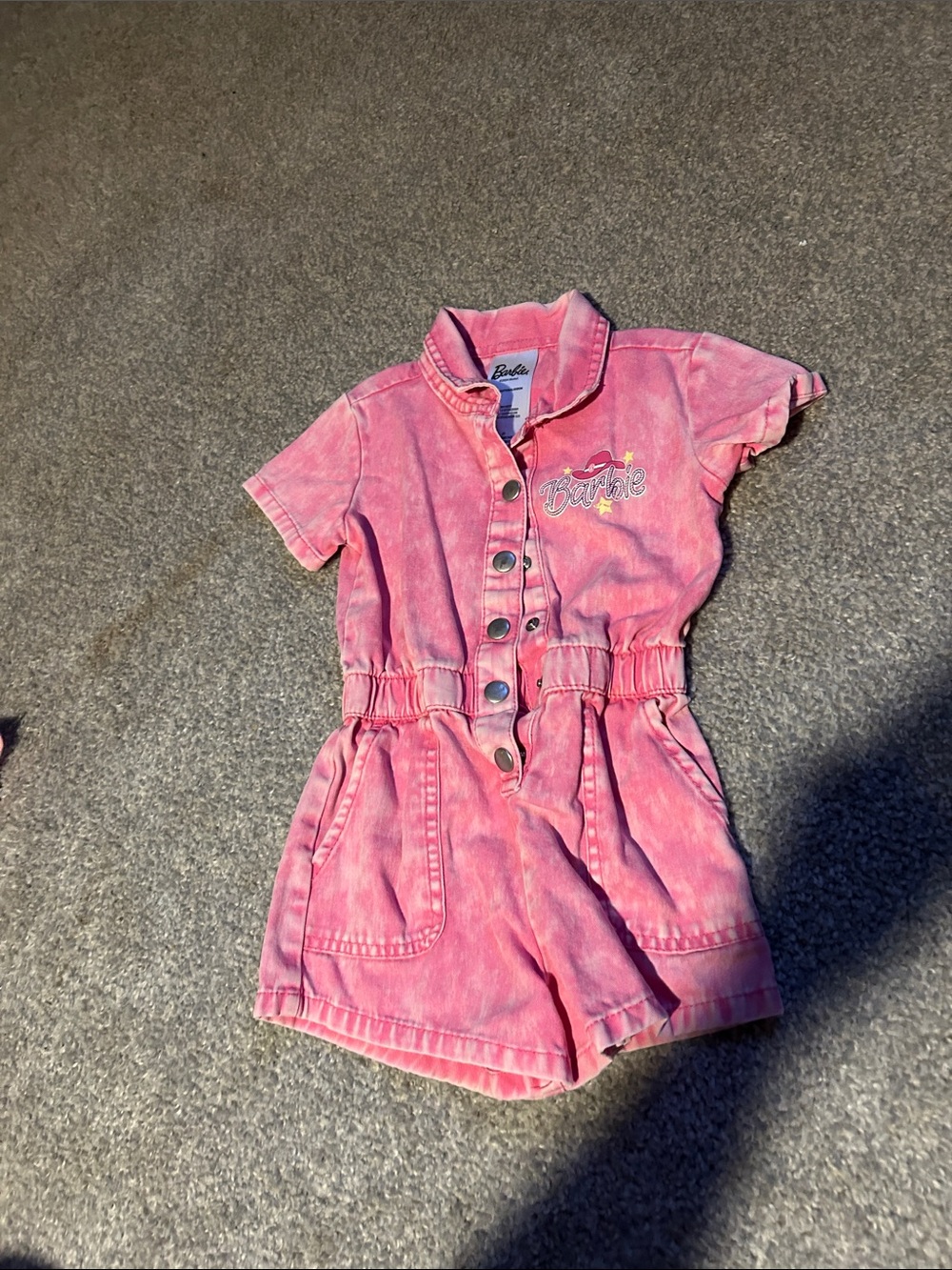 Barbie Pink Short-Sleeve Denim Romper with Snap Front